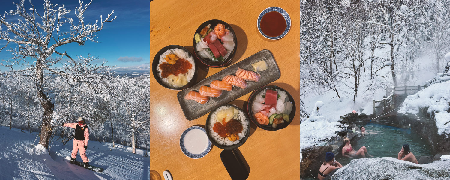 Local cuisine and onsens enjoyed during a snowboarding trip in Japan